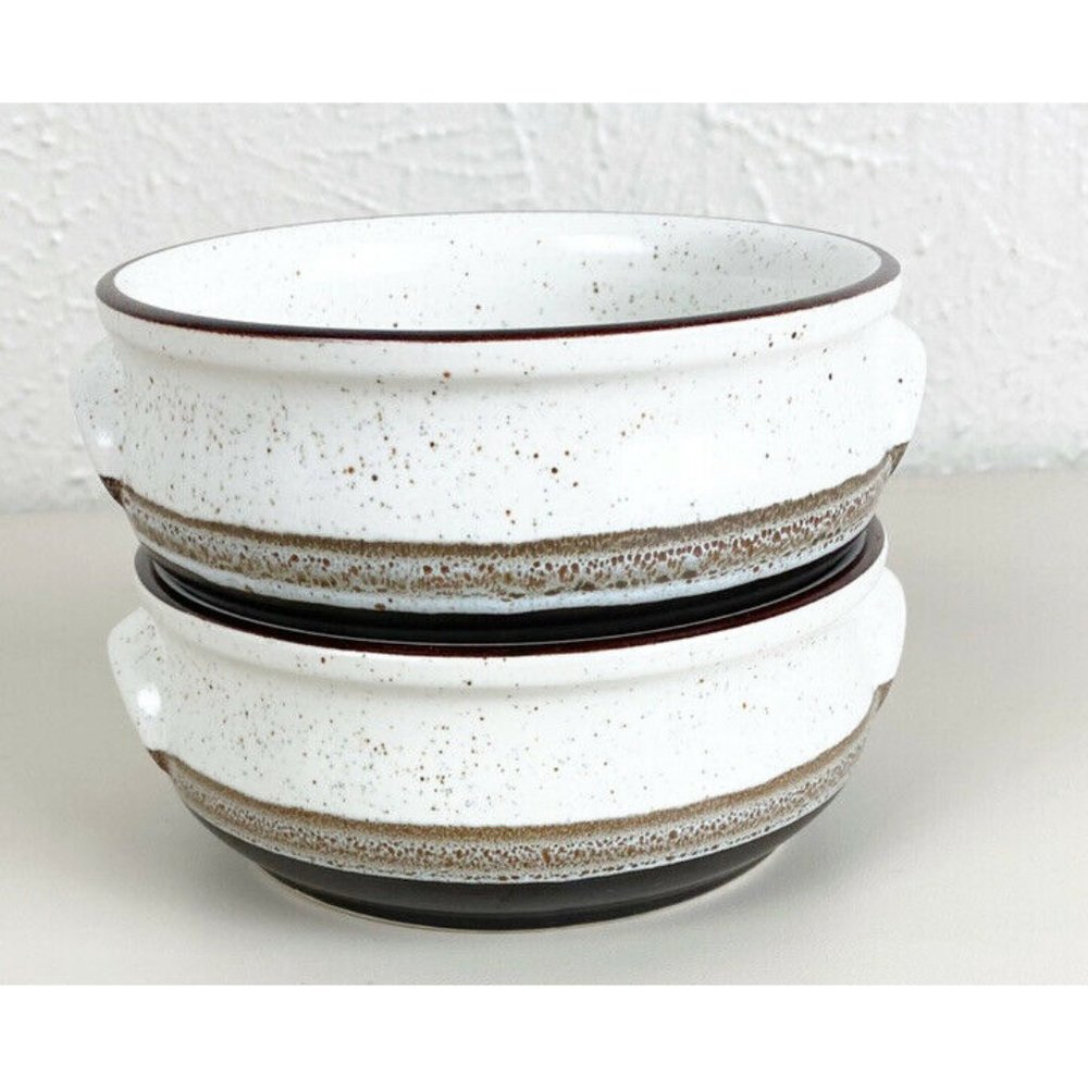 Vintage MCM Rego Stoneware Cream Speckle Brown Stripe Soup Bowl (Lot Of 2) EUC